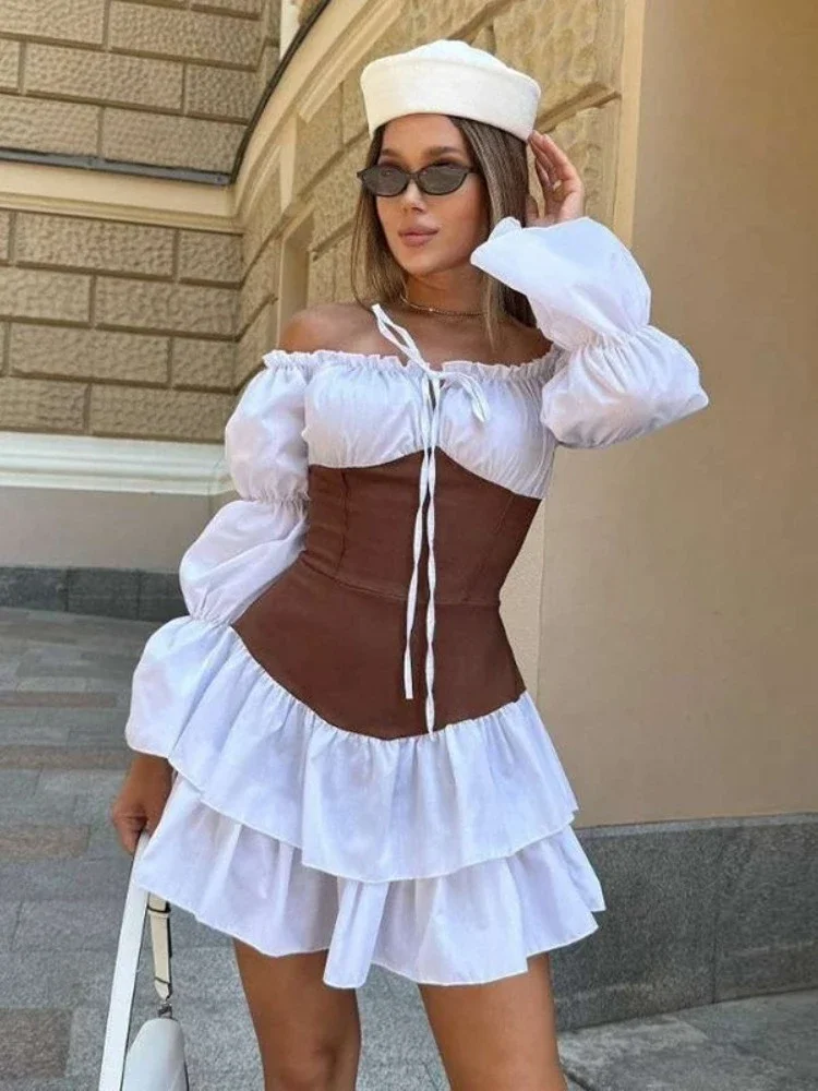 

Fmxires 2025 Women Autumn Fashion Long Sleeve Elegant Mini Corset Dress Ruffles Sexy Off Shoulder Wrap Party Night Club Dress