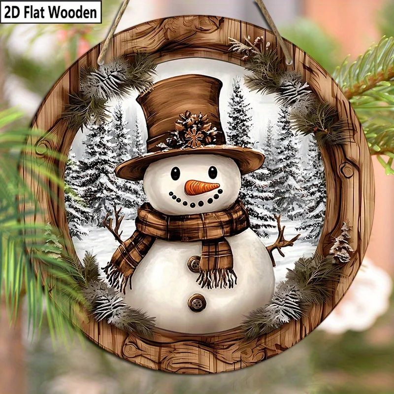 2D Flat - A 2D Flat Decoration Featuring a Vintage Christmas Snowman - a Round Wall Ornament with a Scarf And Hat - No Batteries