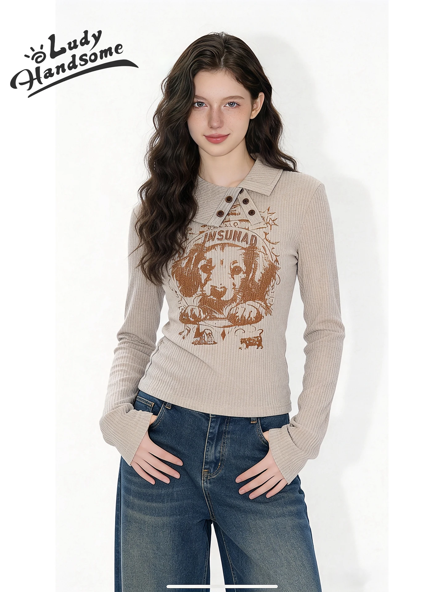 

Slim Fit American Casual Retro Dog Print Ne Long Sve Knitted Sweater Women's Design Sense Slimming Top