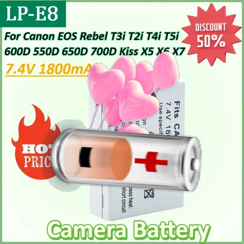 

LP-E8 7.4V 1800mAh Lithium Rechargeable Camera Battery for Canon EOS Rebel T3i T2i T4i T5i 600D 550D 650D 700D Kiss X5 X6 X7