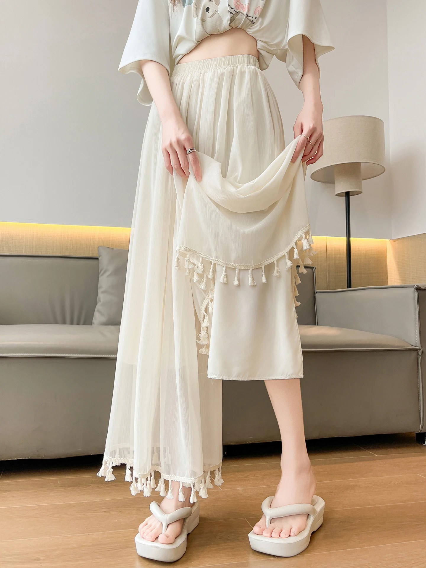 

Summer Lightweight Draped Tassel Netting A-Line Wide Leg Pants Skirt Thin Veil Trousers Women's Commute Style Casual Pants