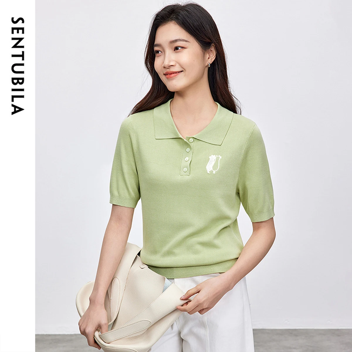 SENTUBILA Knitted Womens Polo Neck T-shirt 2025 Spring Summer Embroidery Straight Solid Fashion Short Sleeve Tops W52H80021