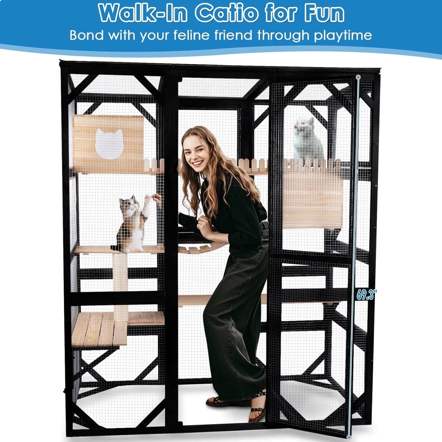 Large Catio Cat Enclosure Walk-in Cat House Kitty Cage 5 Access Doors Waterproof Roof Large Jumping Platforms Outdoor/Indoor