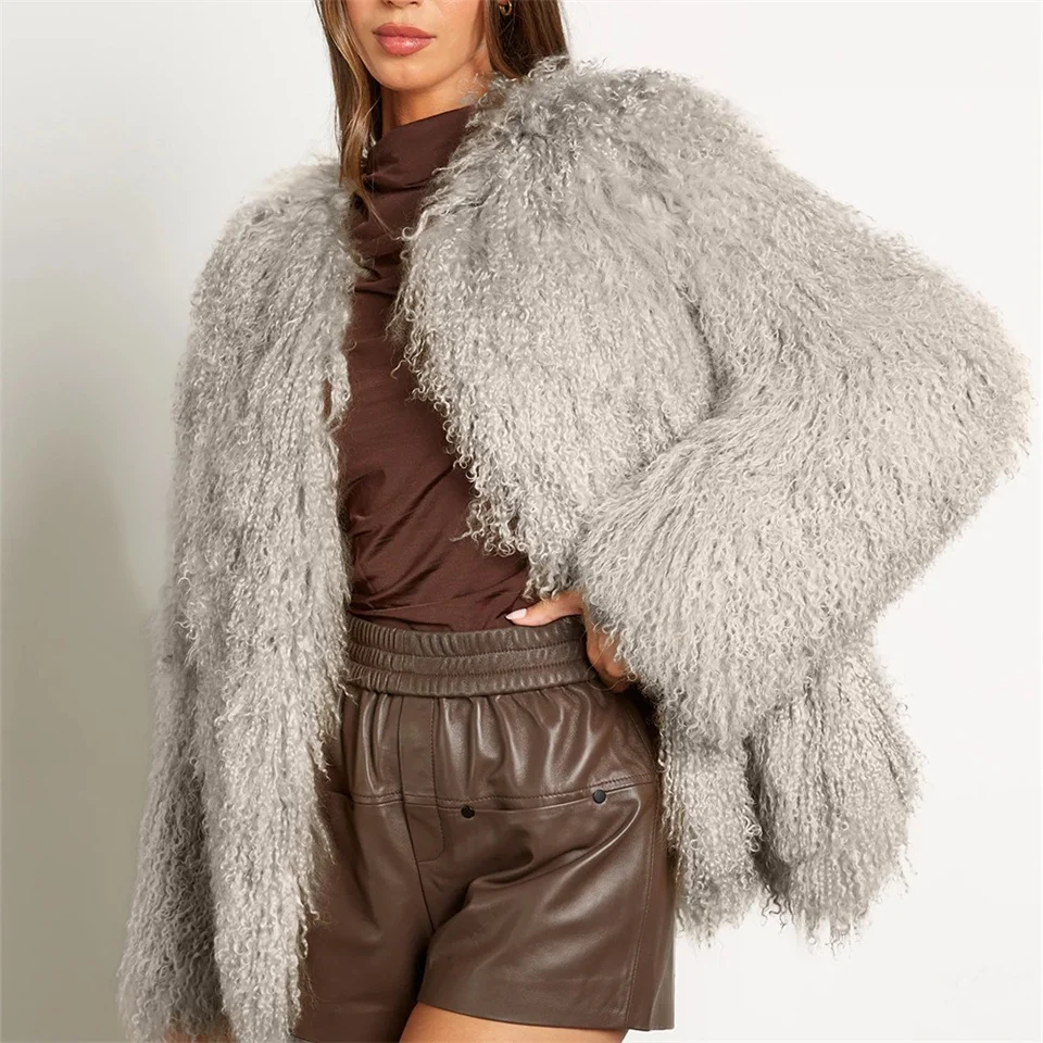 سترة نسائية من الفرو الصناعي 2025 معاطف جديدة من الصوف المنغولي المقلد معاطف نسائية قطيفة فروي بياقة مستديرة معطف نسائي معطف شتوي