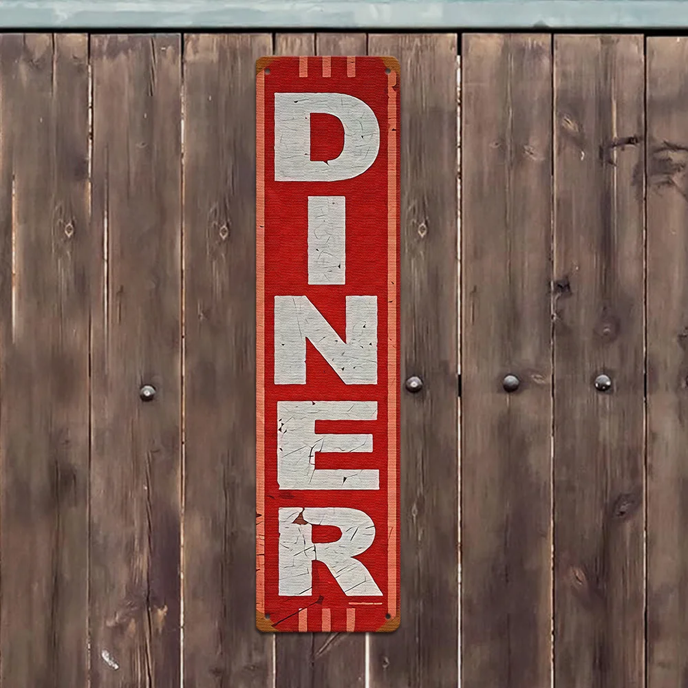 2D Flat, 1pc Vintage Diner Metal Wall Sign - Red & White Distressed Retro Diner Style, Rustic Americana Wall Art Suitable