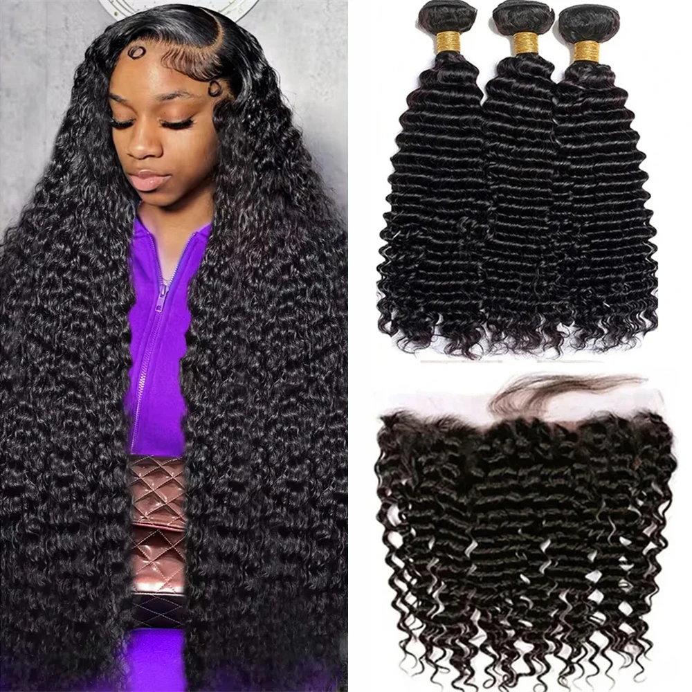 

30 32 Inch Deep Curly Wave Human Hair Bundles With Closure Frontal 13x4 HD 3 Bundles With Frontal 100% Raw Human Hair Extensions