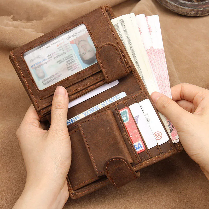 Genuine Mad  Leather Wallet Men's Casual Large Capacity Retro Style Multi-Card Slot Wallet Anti-RFID Theft