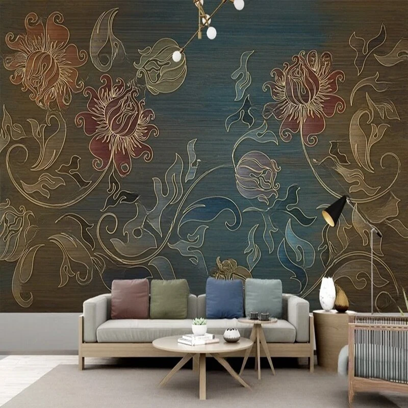 MU8823 European-style scroll flower relief carved line background wall painting  for Living Room TV Sofa Wall Decor