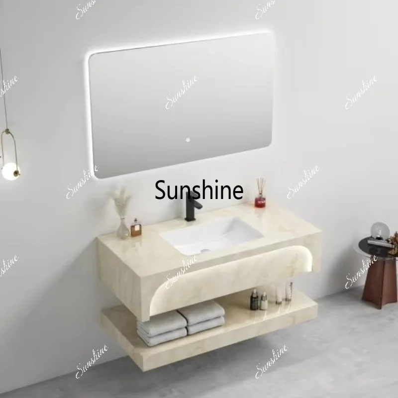 Modern luxury rectangular sintered stone sink with polished oval basin dresser with wall-mounted bath mirror