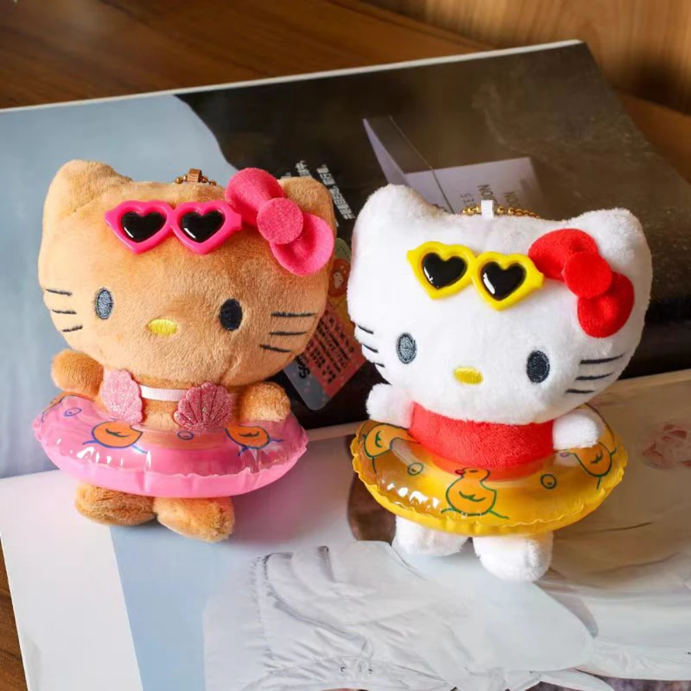 Anime saniro olá kitty anel de natação boneca de pelúcia chaveiro pingente dos desenhos animados kt gato kawaii praia estilo mochila decoração presentes