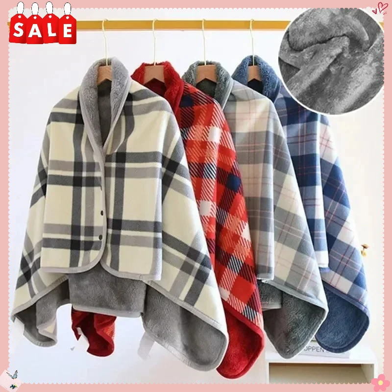 Thick Plaid Blanket Warm Winter Wearable Blanket Adults Office Travel Soft Fleece Throw Blankets With Button Home Shawl