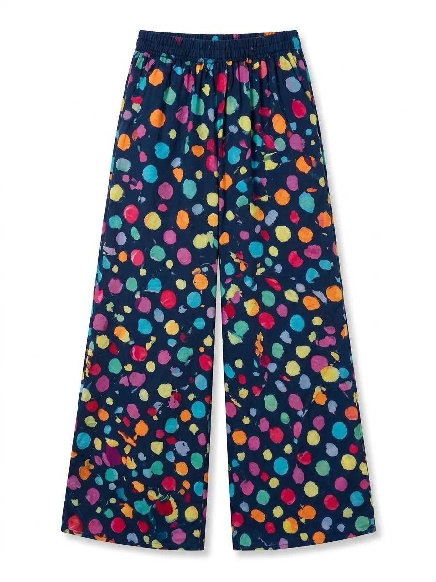 Bonboho 2026 Stylish Women's Casual Pants Colorful Polka Dot Wide Leg Trousers High Waist Relax Fit Flowy Streetwear Pants
