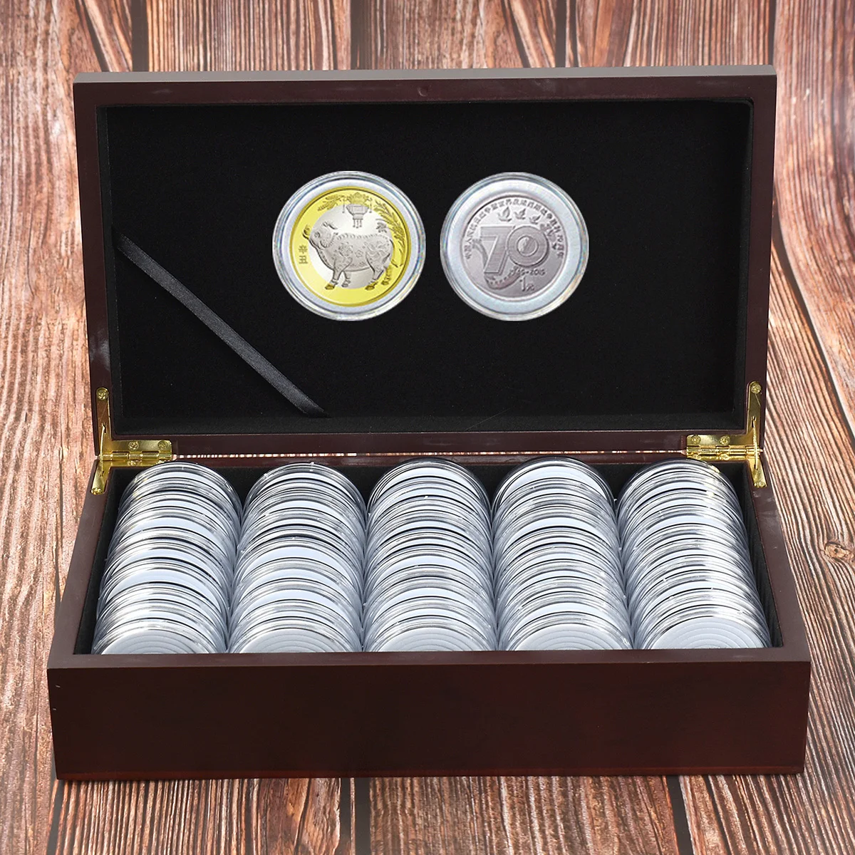 50Pcs 46mm Adjustable Coin Capsules with Foam Inserts Dark Wooden Coin Collection Box Round Coin Protector Cases Commemorative Coin Medal Storage Organizer for Collectors