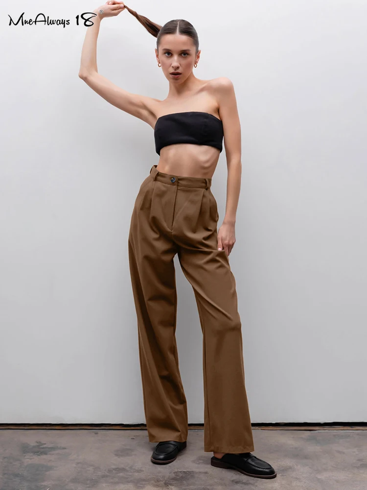 Mnealways18 Vintage Brown High Waist Pants Women Pleated Office All-Match Straight Trousers Spring Summer 2024 Casual Long Pants