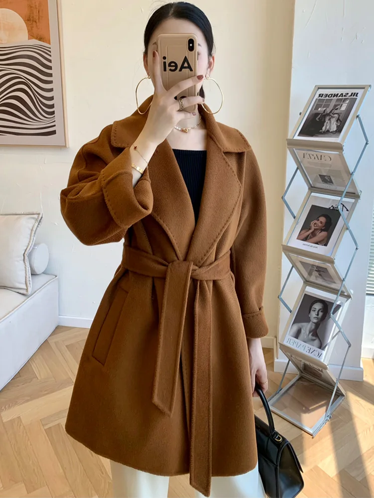 

2023 New Handmade Double-sided 20% Cashmere Water Ripple Coat Women Short Lace Wool Light Fashion Luxury Coat Autumn Winter Fema