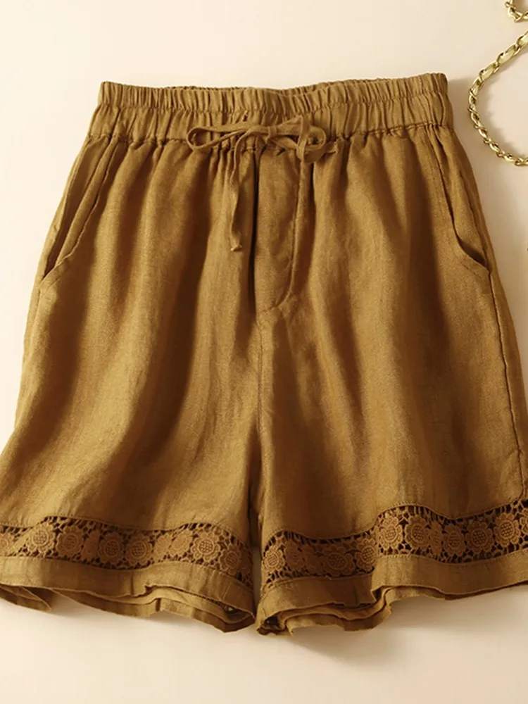 Women Summer Casual Shorts New 2022 Vintage Style Hollow Out Lace Loose Comfortable Elastic Waist Female Short Pants B2045