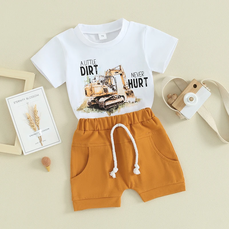 Toddler Baby Boys Excavator Outfits A Little Dirt Never Hurt Truck Print T Shirt Shorts Summer Clothes Sets