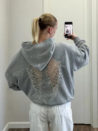 Oversized Hoodie Women Lace Angel Wings Back Cutout Hooded Sweatshirt Long Sleeve Loose Y2K Casual Pullover Hoodies For Ladies