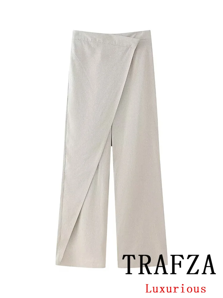

TRAFZA Vintage Casual Chic Women Pants Solid Asymmetrial Button Straight Loose Pants Fashion 2024 Spring Summer Holiday Trousers