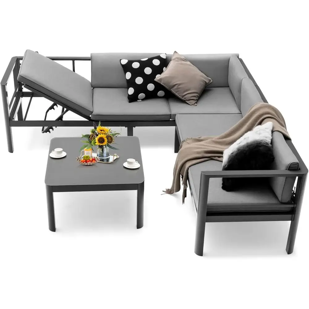 

Комплект из 3-х секционных диванов для улицы с 6-уровневой регулировкой наклона, столешницей из закаленного стекла и серыми подушками для двора или зоны у бассейна