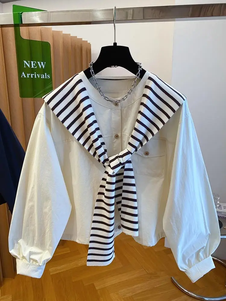

Полосатая шаль с рубашкой для женщин, новинка 2025 года, свободная многослойная осенняя блузка, свободная повседневная универсальная короткая рубашка, куртка, топ