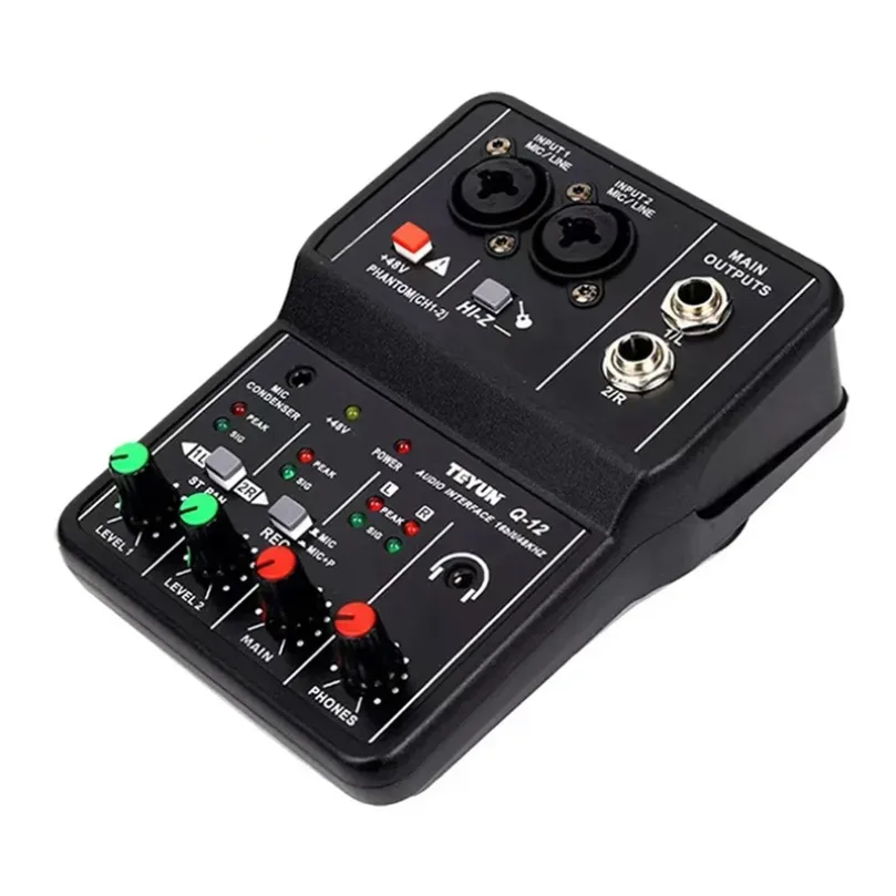 Draagbare Professionele 2-Kanalen Audio Interface Geluidskaart Console Mini USB MIXER voor Gitaar Opname Studio Zingen TEYUN Q12