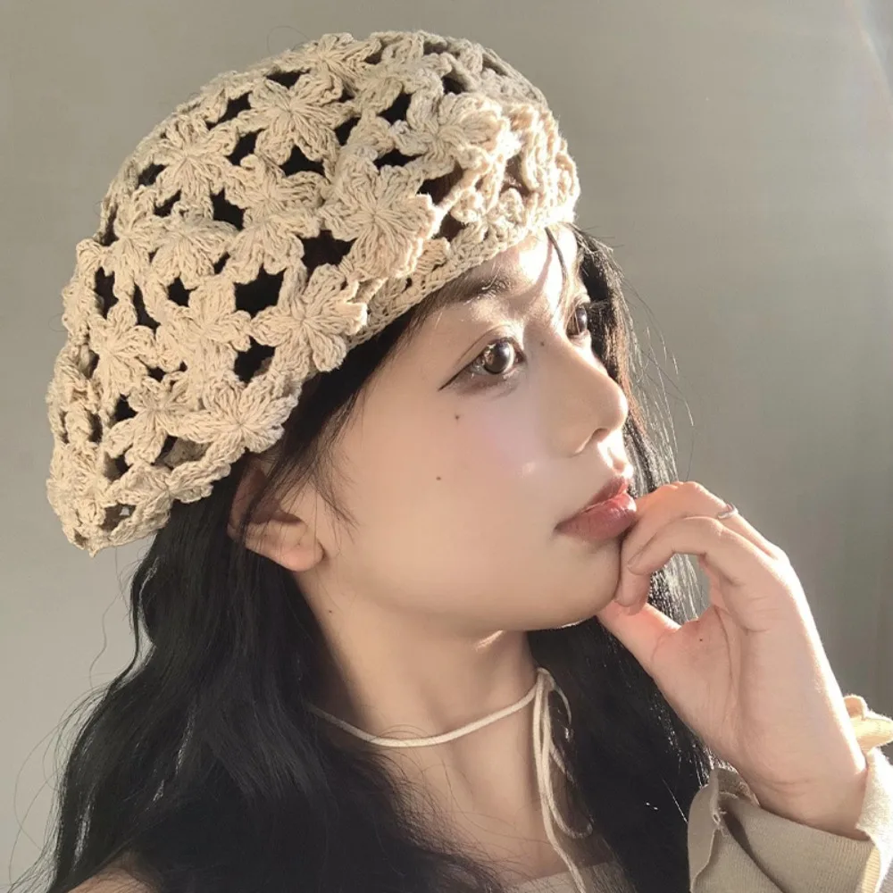 Breathable Hollowed Out Beret Hat Linen Cotton Lace Hollow Flower Hat Vintage Fashionable Spring Crochet Knitted Cap Gift