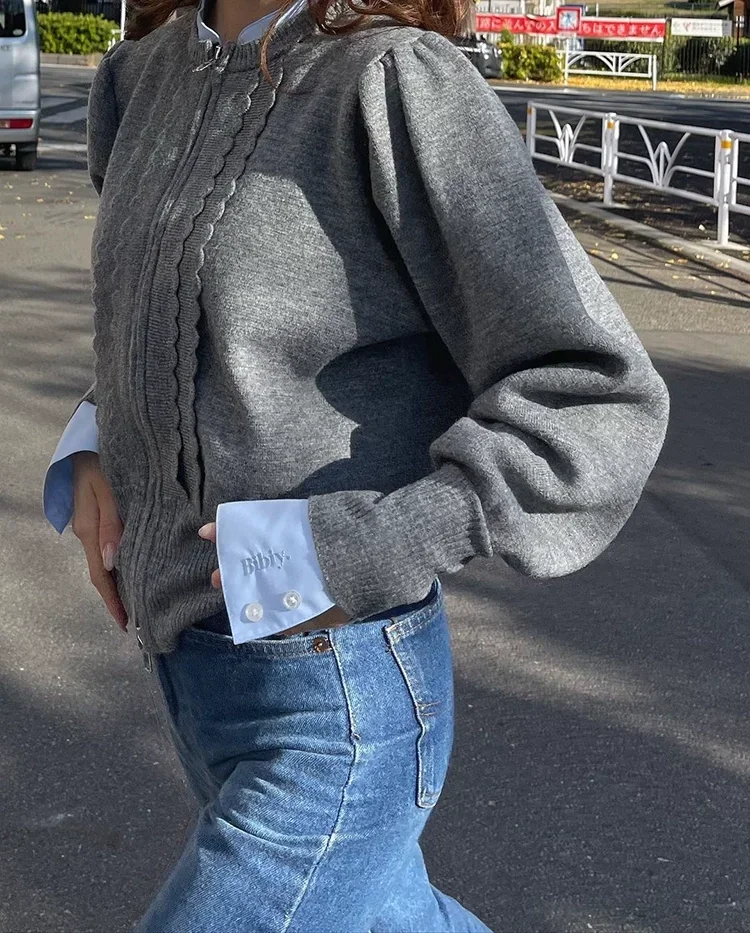 Japanese Style Gray Short Knitted Cardigan Jacket Women's Autumn Winter Elegant Fake Two-piece Shirt Ladies Splicing Sweet Coat