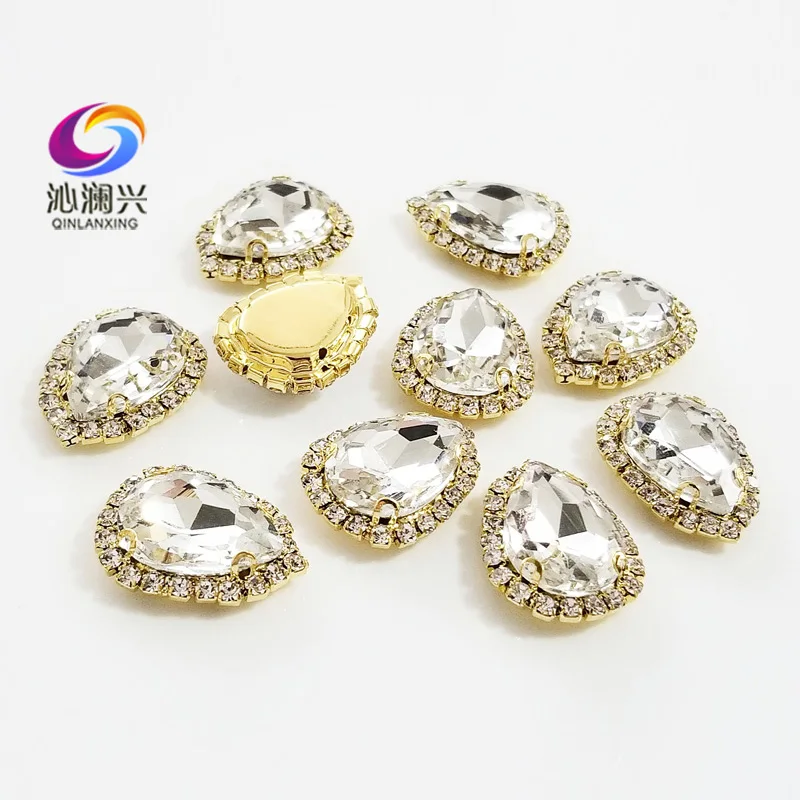 Factory sales Golden bottom Top grade Glass Crystal buckle,Drop shape white sew on rhinestones,Diy wedding decoration 10pcs/pack