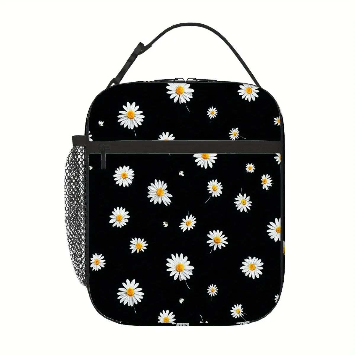 

Daisy Print Insulated Thermal Bag - Black with White Daisies Lunch Bag Ideal for Home, Office, or Restaurant Use Lunch Box