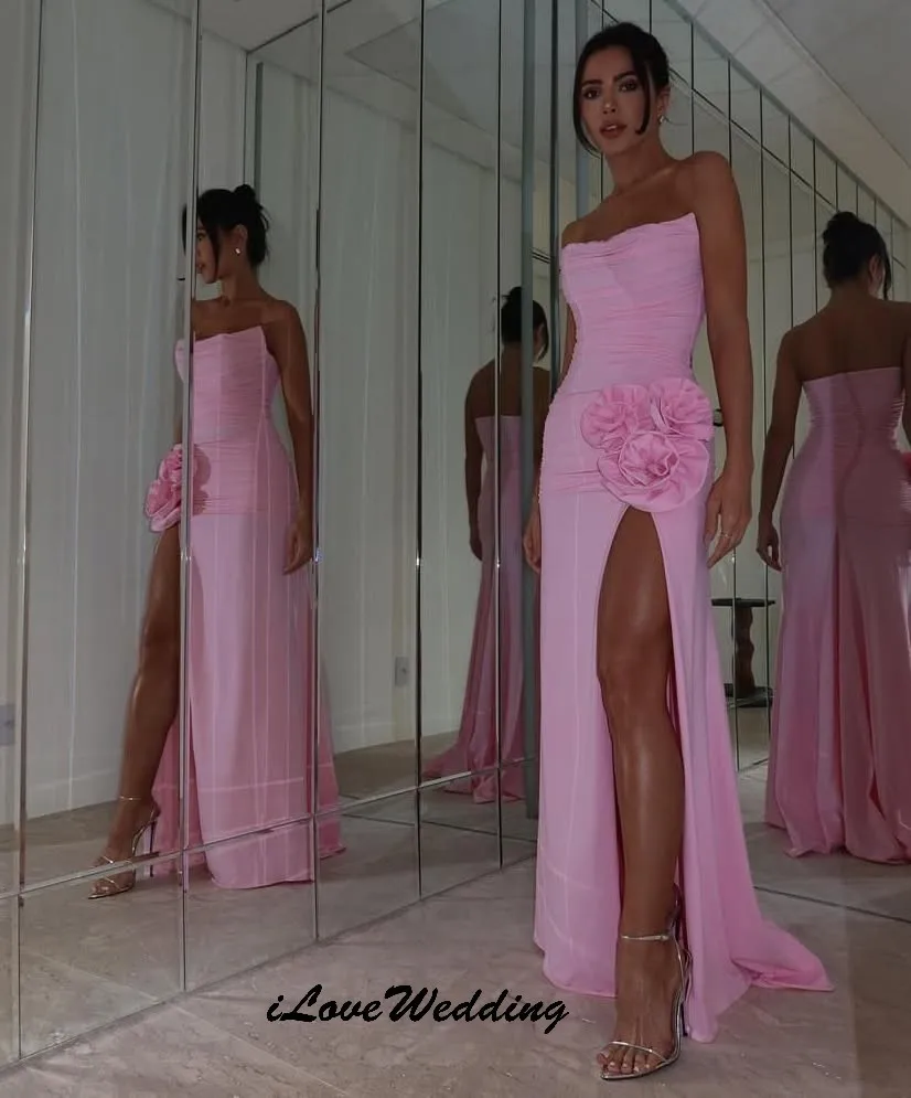 

Pink Chiffon Stapless Prom Dresses 3d Flower Party Dress For Woman Sleeveless Backless Sexy Elegant Evening Dresses Customized