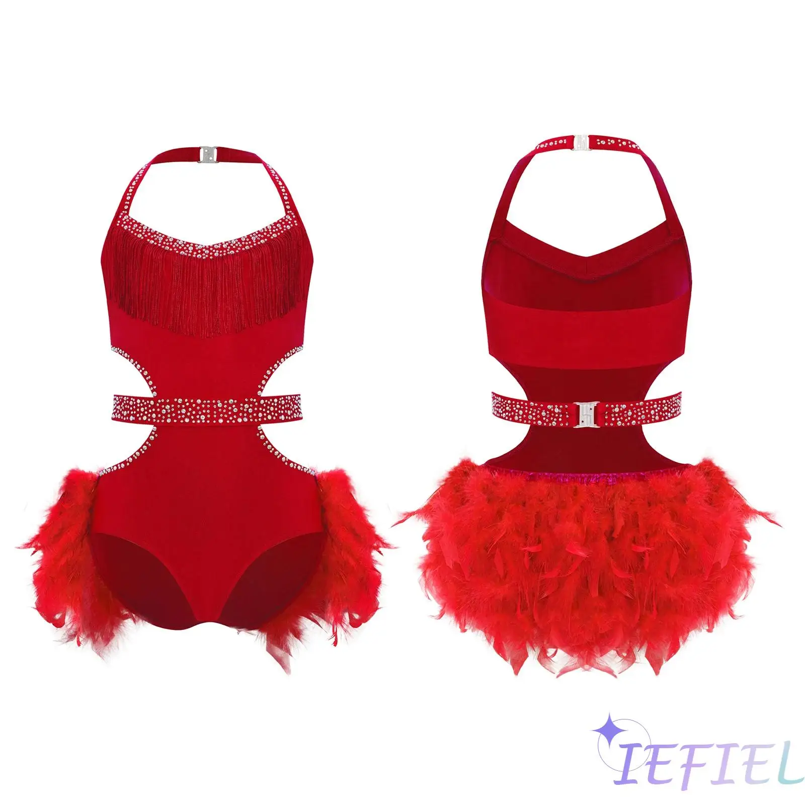 

Kids Girls Latin Jazz Dance Outfit Halter Sleeveless Cutout Sparkly Bodice Feather Skirted Leotard for Gymnastics Figure Skating