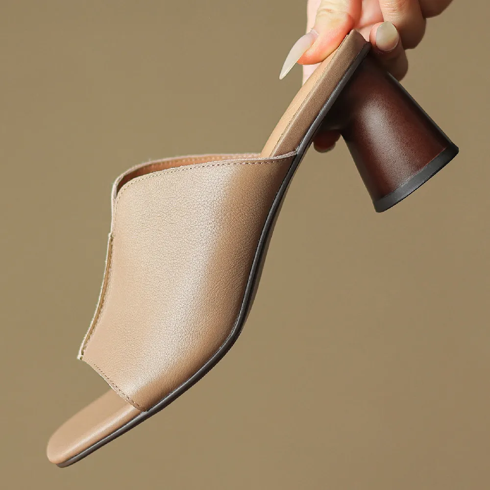 Damskie krowa skóra 6cm gruby wysoki obcas z wystającym palcem wsuwane czółenka eleganckie damskie miękkie wygodne klapki na lato sandały buty gorące