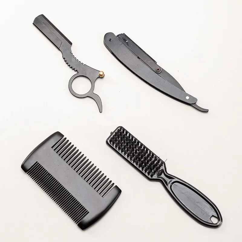 Wanmei Cross Border Black Men's Beard Set of Four Pieces, Double Sided Comb, Old Style Ring Knife Holder, Razor Sweeper, Hu Comb