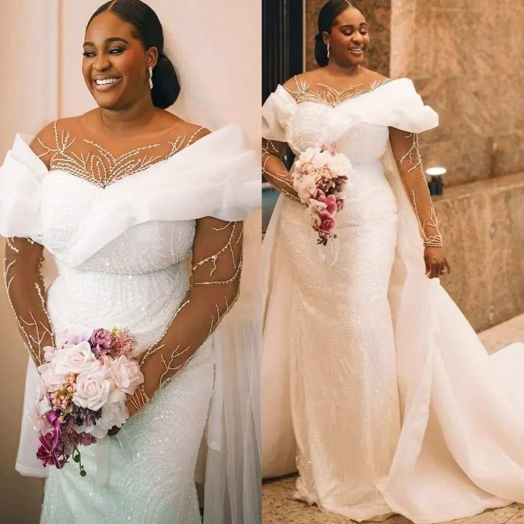 

Customized Long Sleeves Plus Size Wedding Dress Vestidos De Novia Shinny Beads Sequins Bridal Gown with Removable Skirt