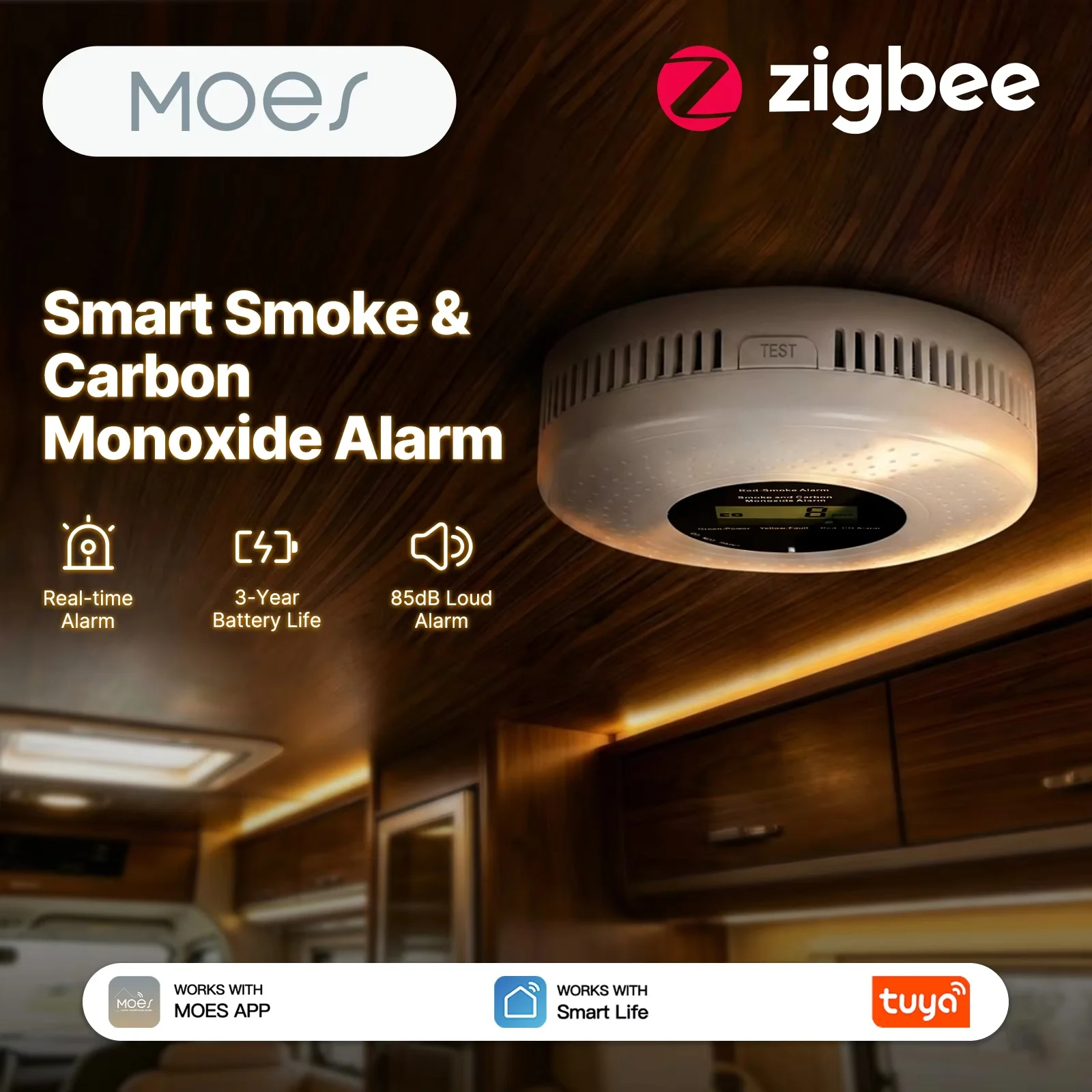 

MOES Tuya Zigbee Smart Smoke Carbon Monoxide Alarm 85dB Sound Siren Sensor CO Detector Gas Leak Home Safety APP Remote Monitor
