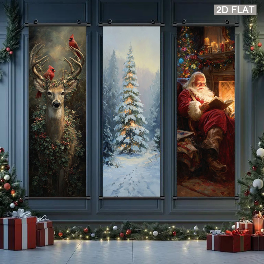VIKAMA Vintage Oil Painting Christmas Tapestry, Classic Santa Claus Wall Scroll, Fabric Poster, Home Wall Hanging Decor