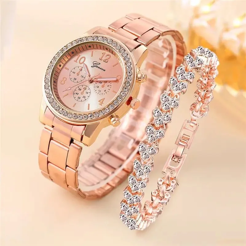 Fashion Luxury Women\'s Diamond Quartz Bracelet Set Watch Two Piece Set