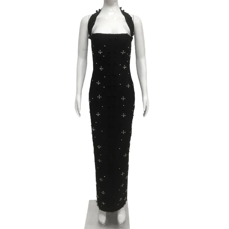 Robe de bal de luxe avec perles noires pour femmes, Sexy, col licou, sans manches, pierre, cristal, gaine de Banquet formelle, Slim, longue Robe de soirée