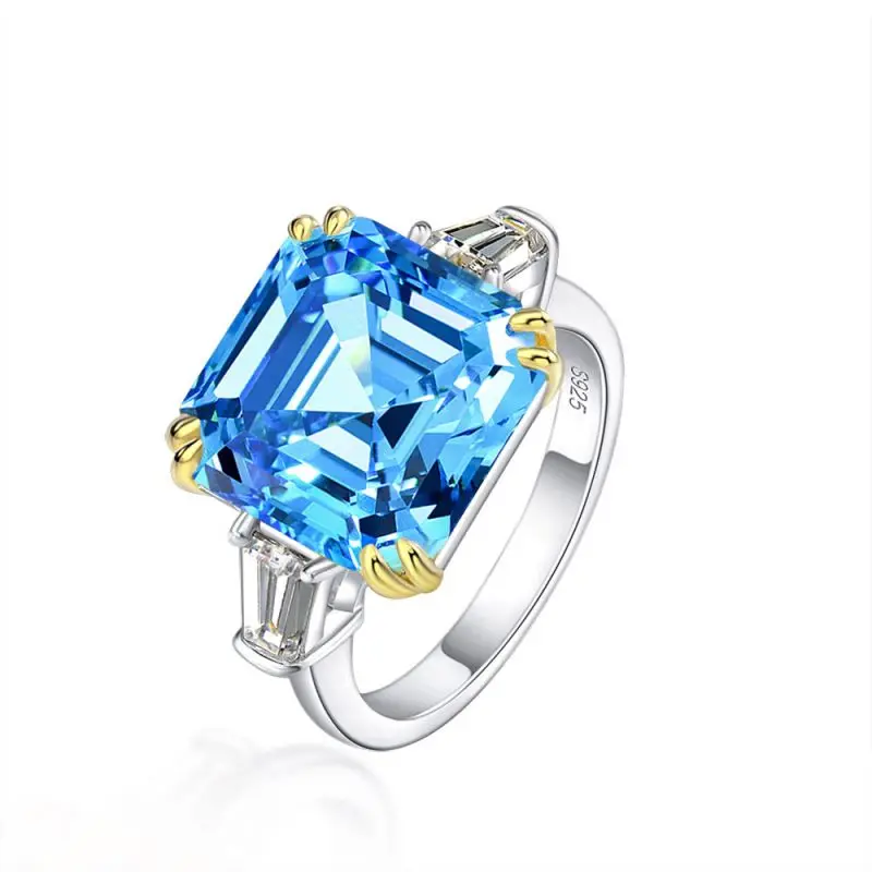 

925 Sterling Silver Blue Cubic Zirconia CZ 3 Stone Asscher Cut Diamond Engagement Ring Fine Jewelry