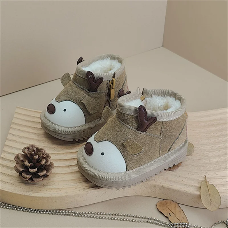 2024 New Winter Baby Shoes Leather Warm Plush Animal Cartoon Shoes Non-slip Rubber Sole Fashion Toddler Girls Boys Boots 15-25