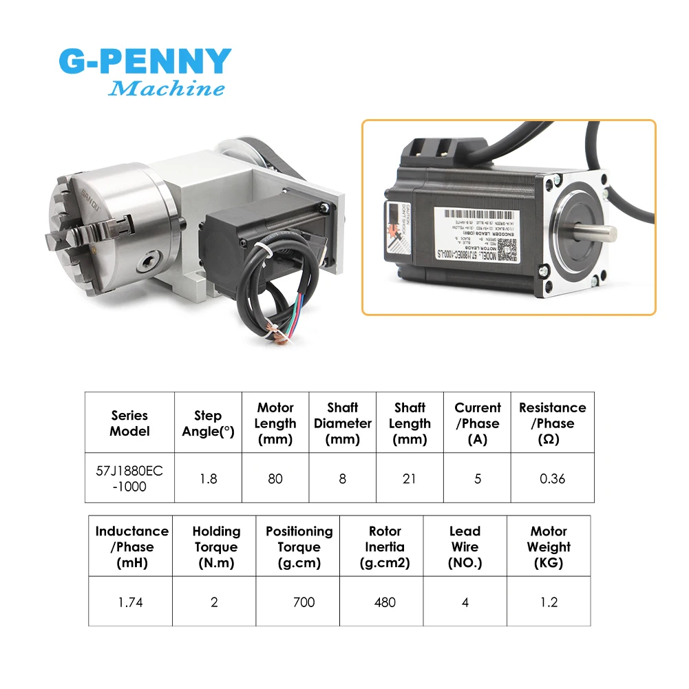 4th Axis 3/4Jaw 100mm 2.2Nm NEMA23 57J1880EC-1000-LS & 2HSS57 Closed Loop Stepper Motor CNC Dividing Head Rotation A Axis Kit