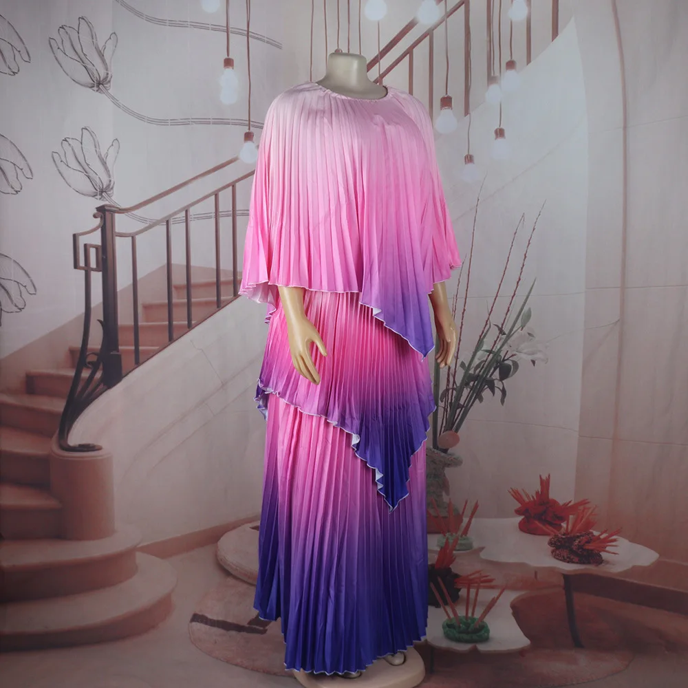 

Fashion Pleated African Dresses for Women Elegant Gradient Color Ankara Dashiki Africa Clothing 3PCS Outfits Evening Party Suit