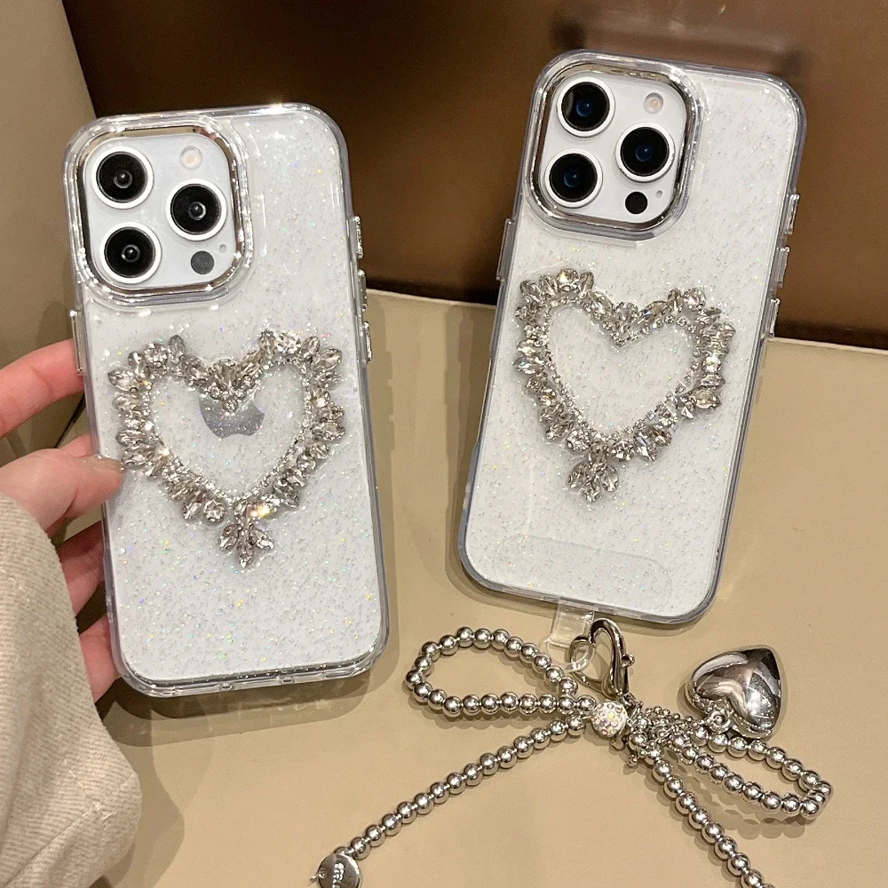 

3D Glitter Love Heart Transparent With Lanyard Phone Case for Iphone 16 14 13 12 11 15 Pro Max Plus Shockproof Bumper Cover