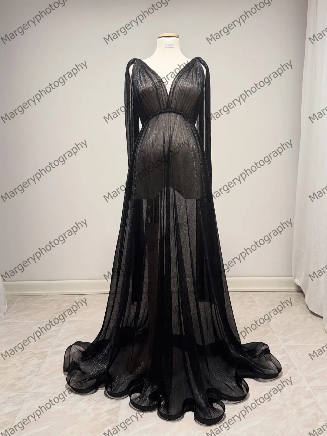 See Thru 블랙 긴 소매 메쉬 출산 드레스 V 넥 바닥 길이 쉬어 메쉬 이브닝 드레스 (공식 행사용 트레인 포함)