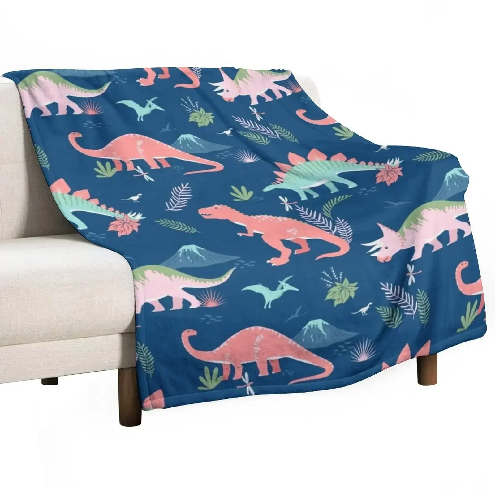 

Jurassic Dinosaur in Blue + Coral Throw Blanket Decorative Sofas Decorative Sofa Decorative Beds Polar Blankets