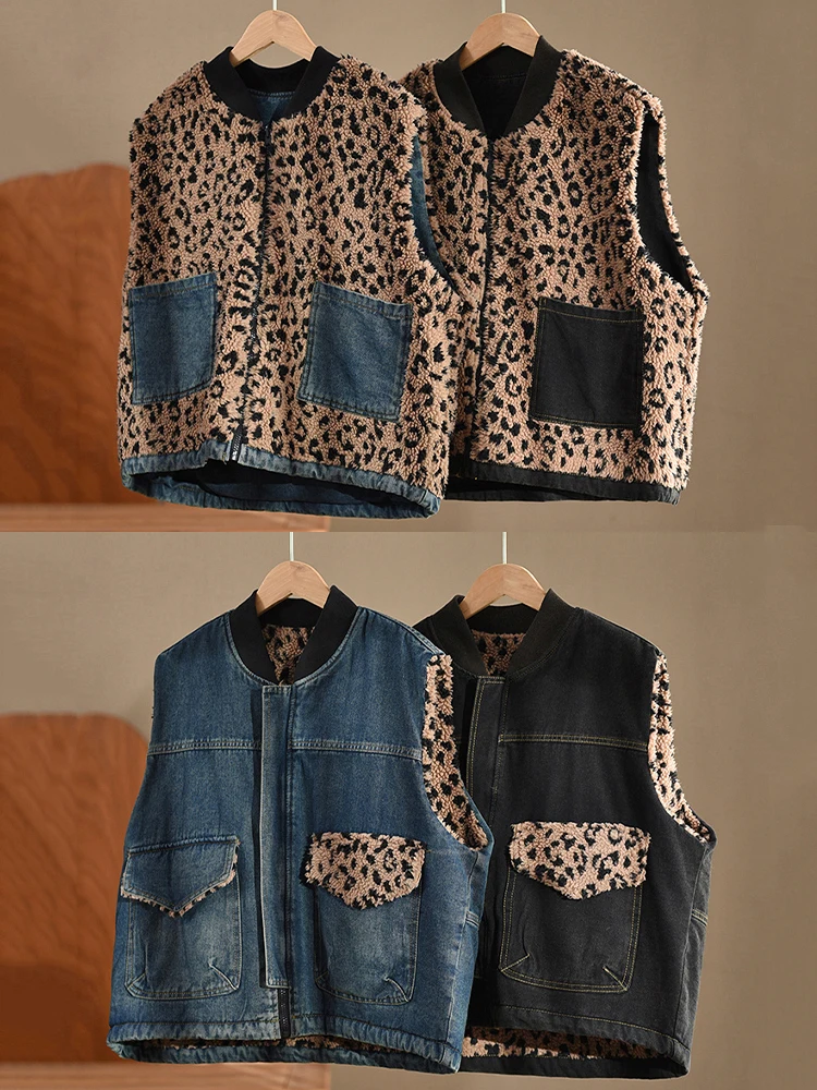 Max LuLu Korean Design Winter Sleeveless Coats Womens Fashion Warm Denim Fur Leopard Vest Ladies Casual Vintage Loose Waistcoats