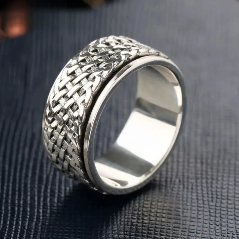 New Real S925 Sterling Silver Jewelry Handmade Retro Individual Weaving Man and Woman Rotating Wide Ring Holiday Gifts