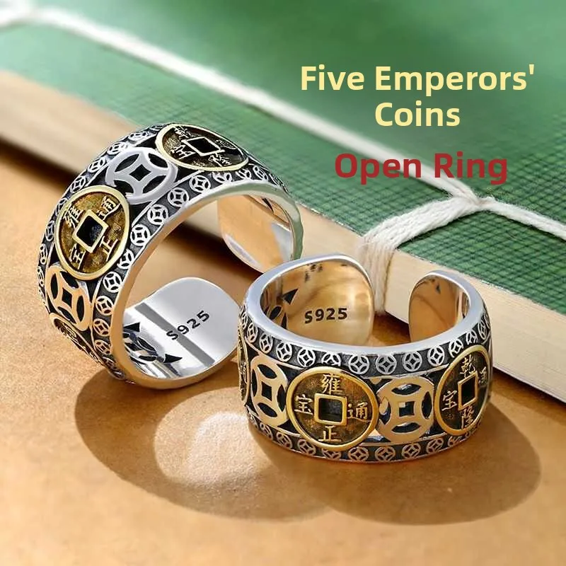 

Мужское кольцо из чистого серебра 925 пробы с пятью монетами императоров, тайское серебряное украшение, унисекс, модный аксессуар в старинном стиле