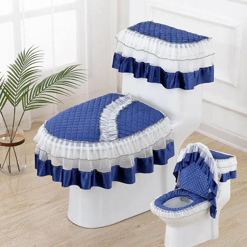 Set of Lace Toilet Seat Toilet Mat Fabric Thermal Zipper Toilet Seat Cover 3 Piece Set Fully Enclosed For Toilet